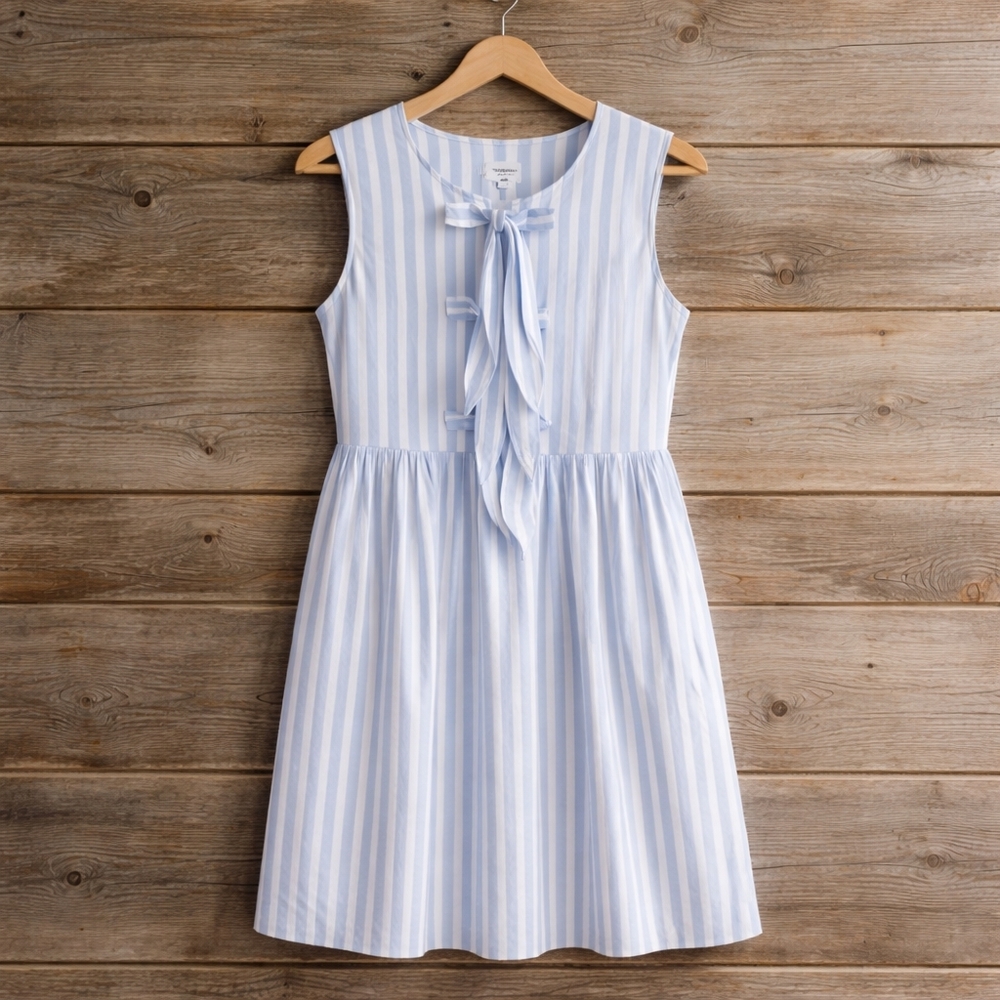 Sleeveless Blue and White Stripe Midi Dress with Front Tie Summer  Size Medium